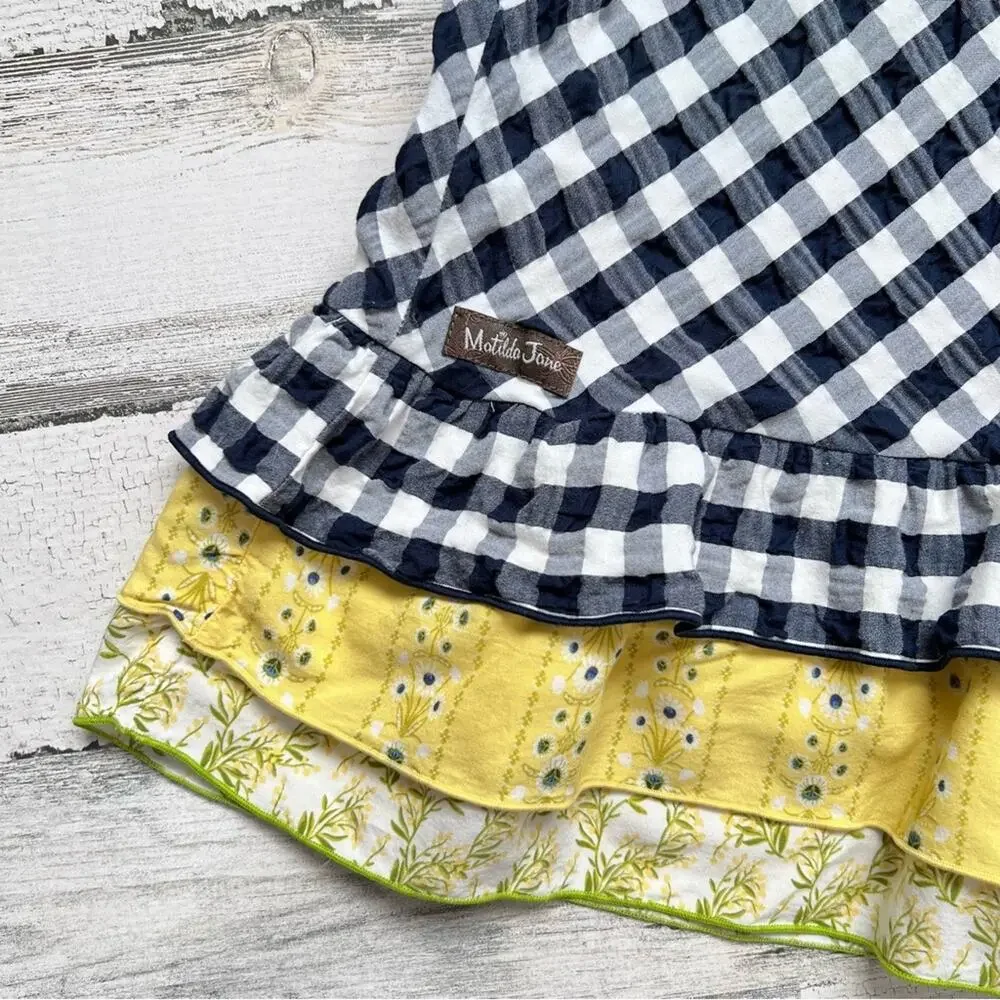 Matilda Jane Dress Girls 8 Navy Gingham Floral Long Sleeve Ruffle Cottagecore